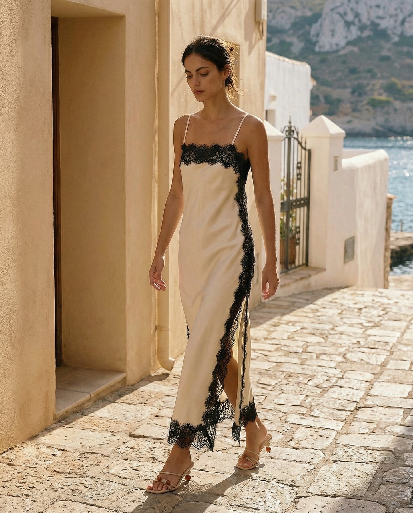 midnight satin lace dress
