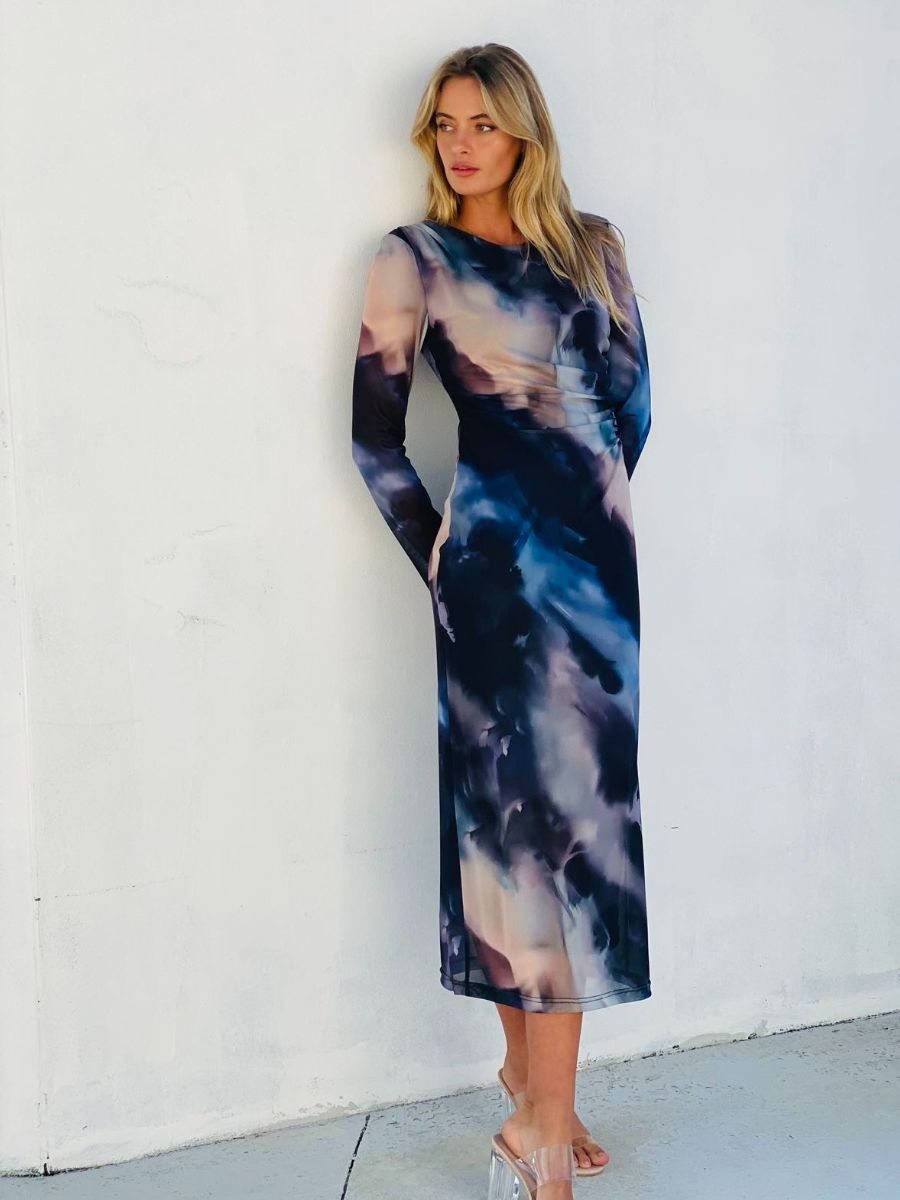 Print Mesh Long Sleeve Dress