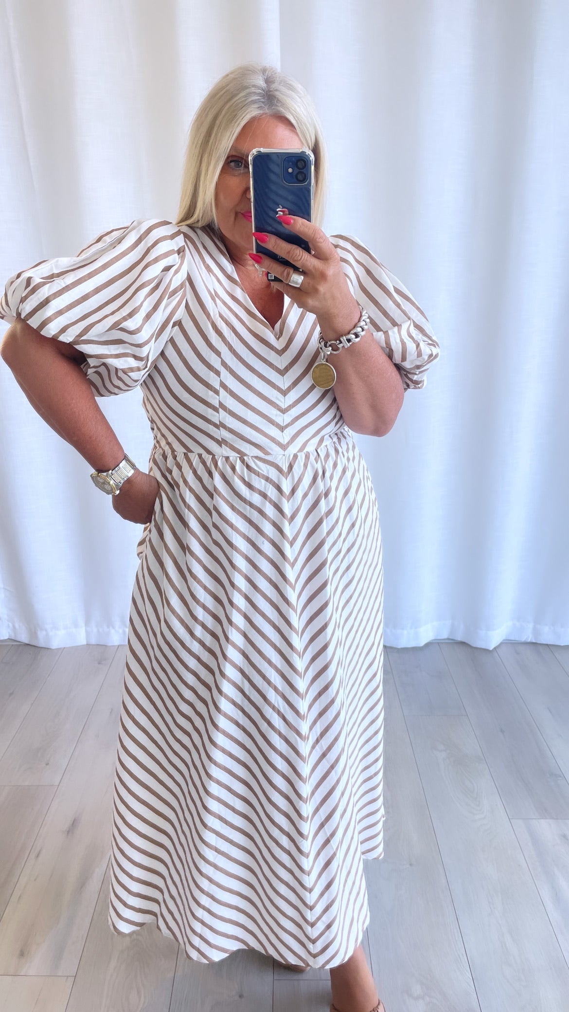 PUFF SLEEVE STRIPE MDID DRESS