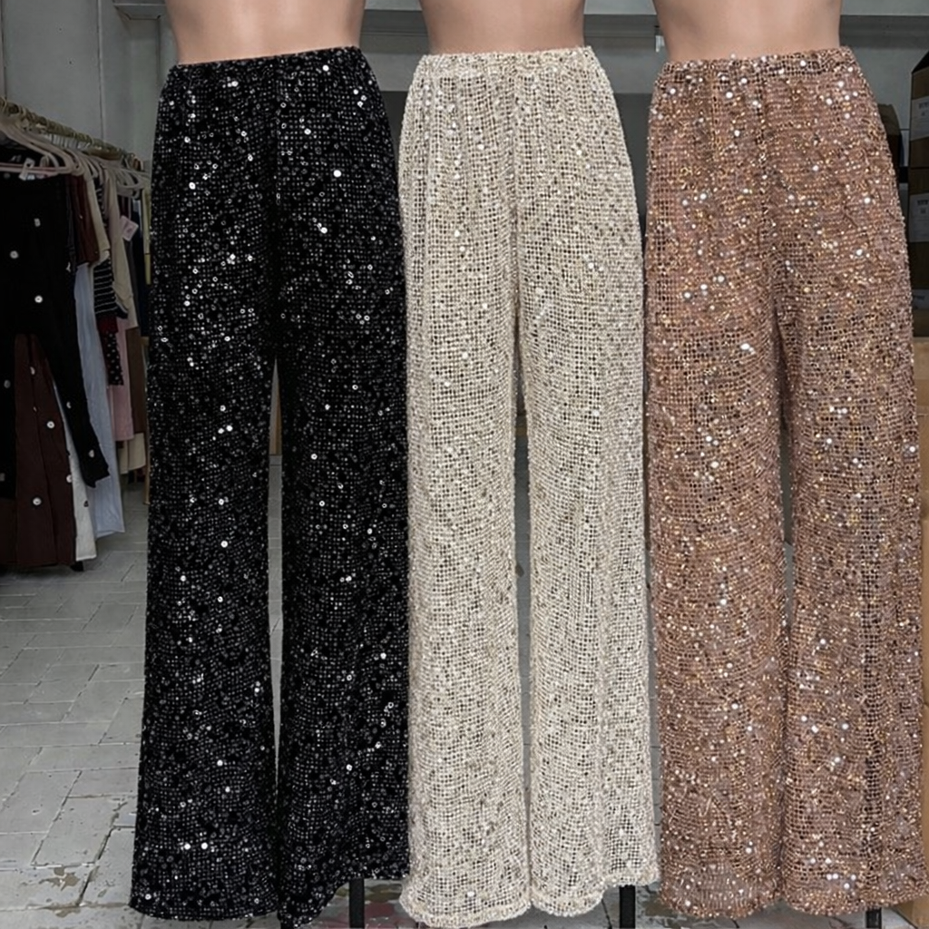 BEIGE SEQUIN LACE PANTS