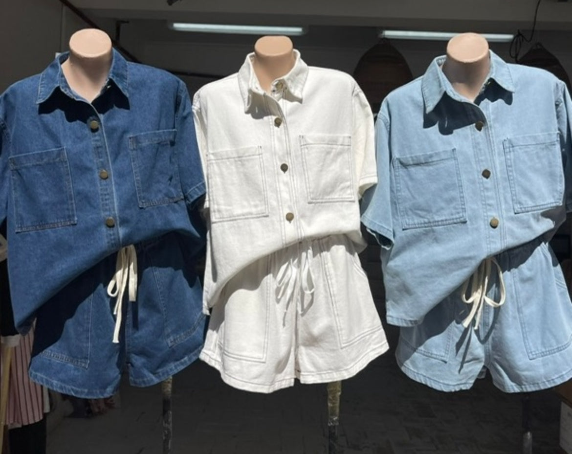 CREAM DENIM SHORT SET