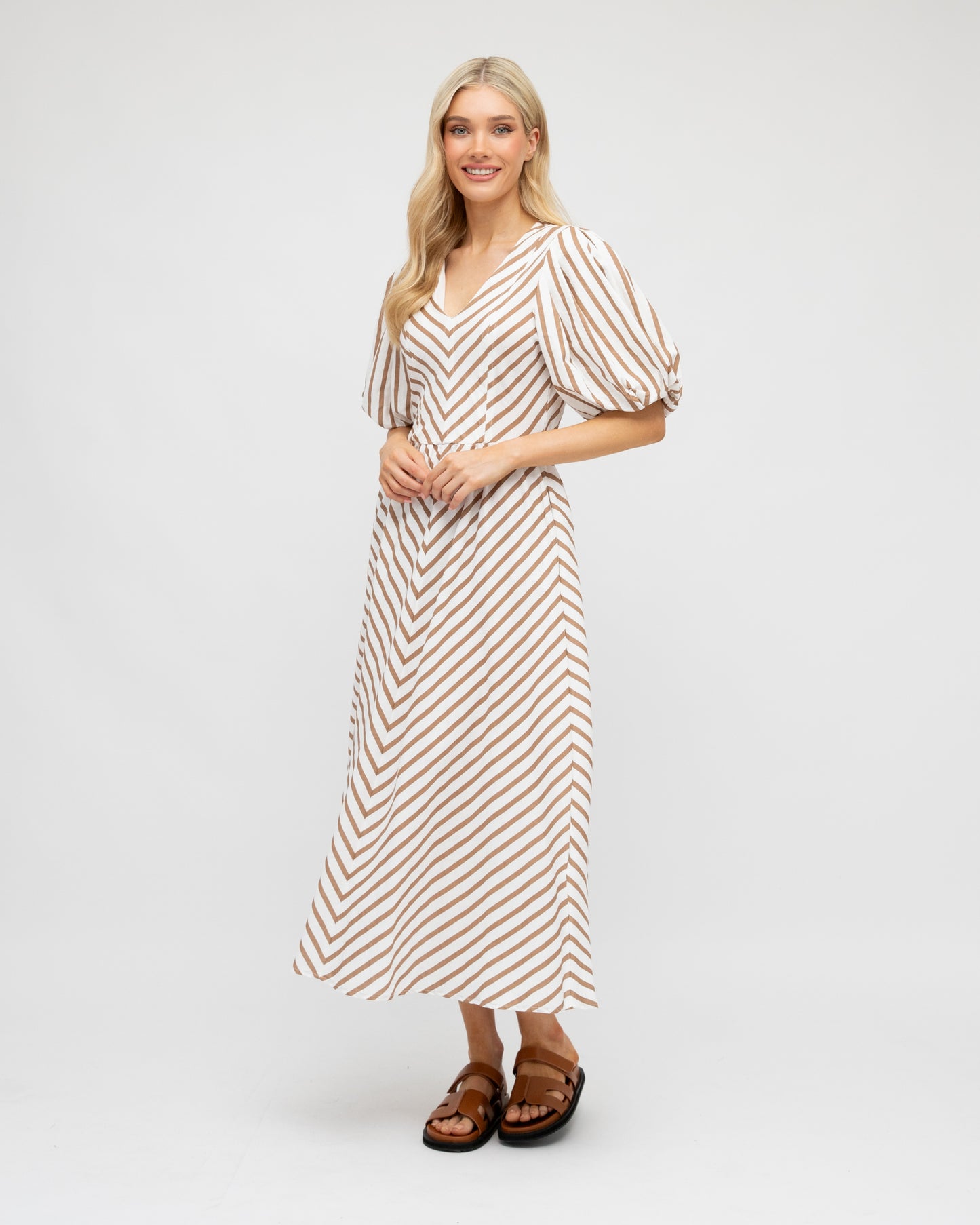 PUFF SLEEVE STRIPE MDID DRESS