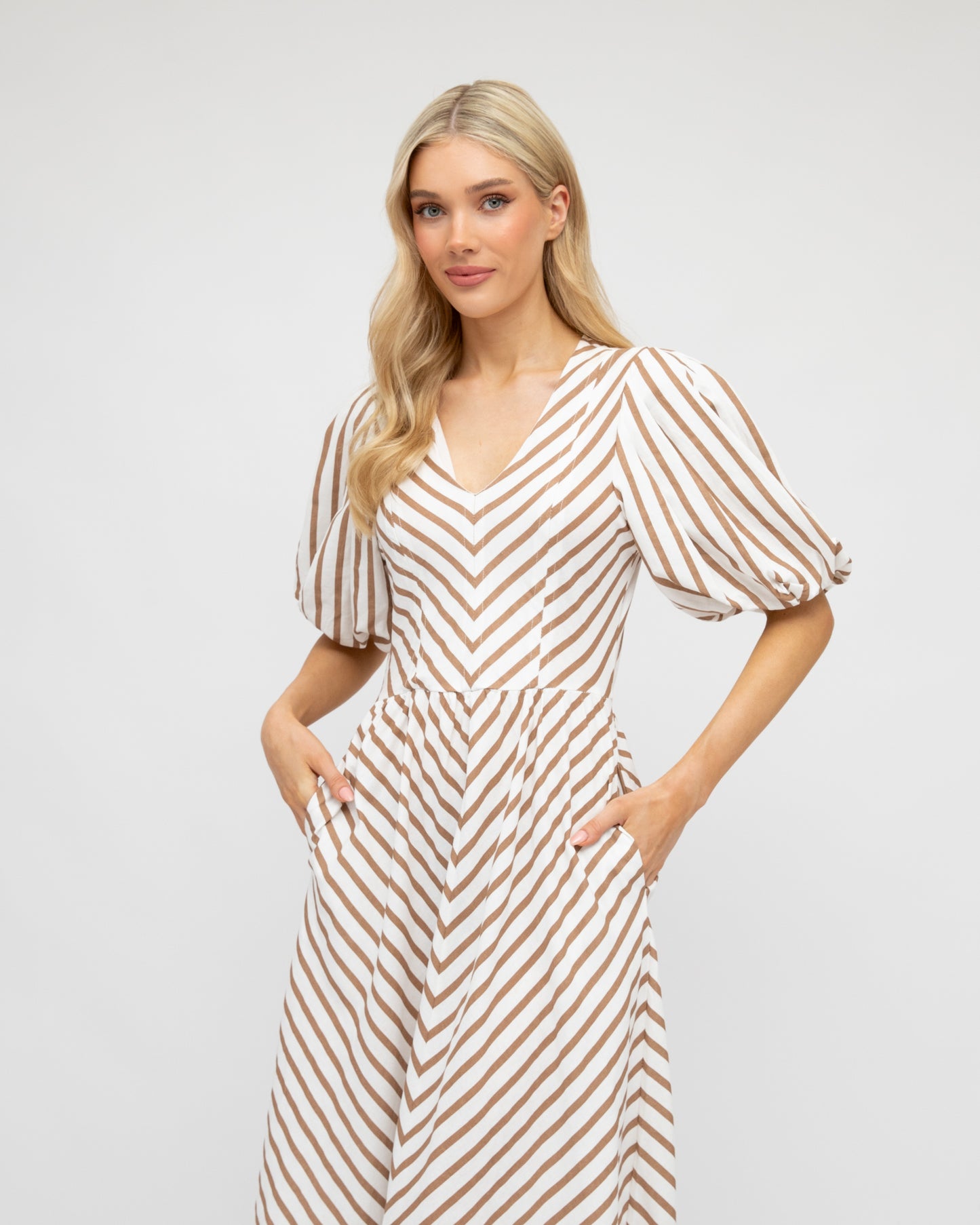 PUFF SLEEVE STRIPE MDID DRESS