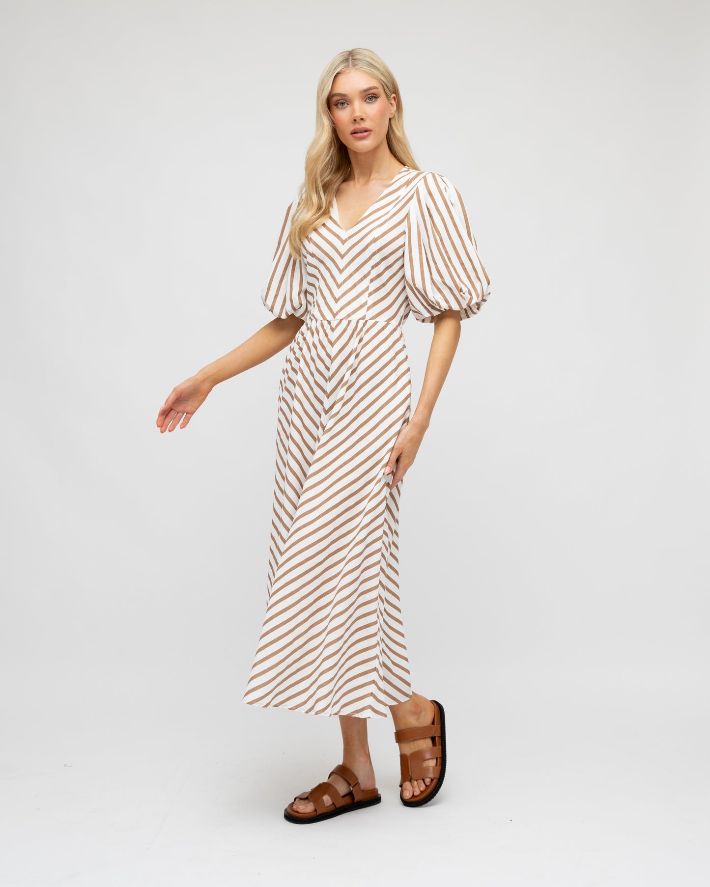 PUFF SLEEVE STRIPE MDID DRESS