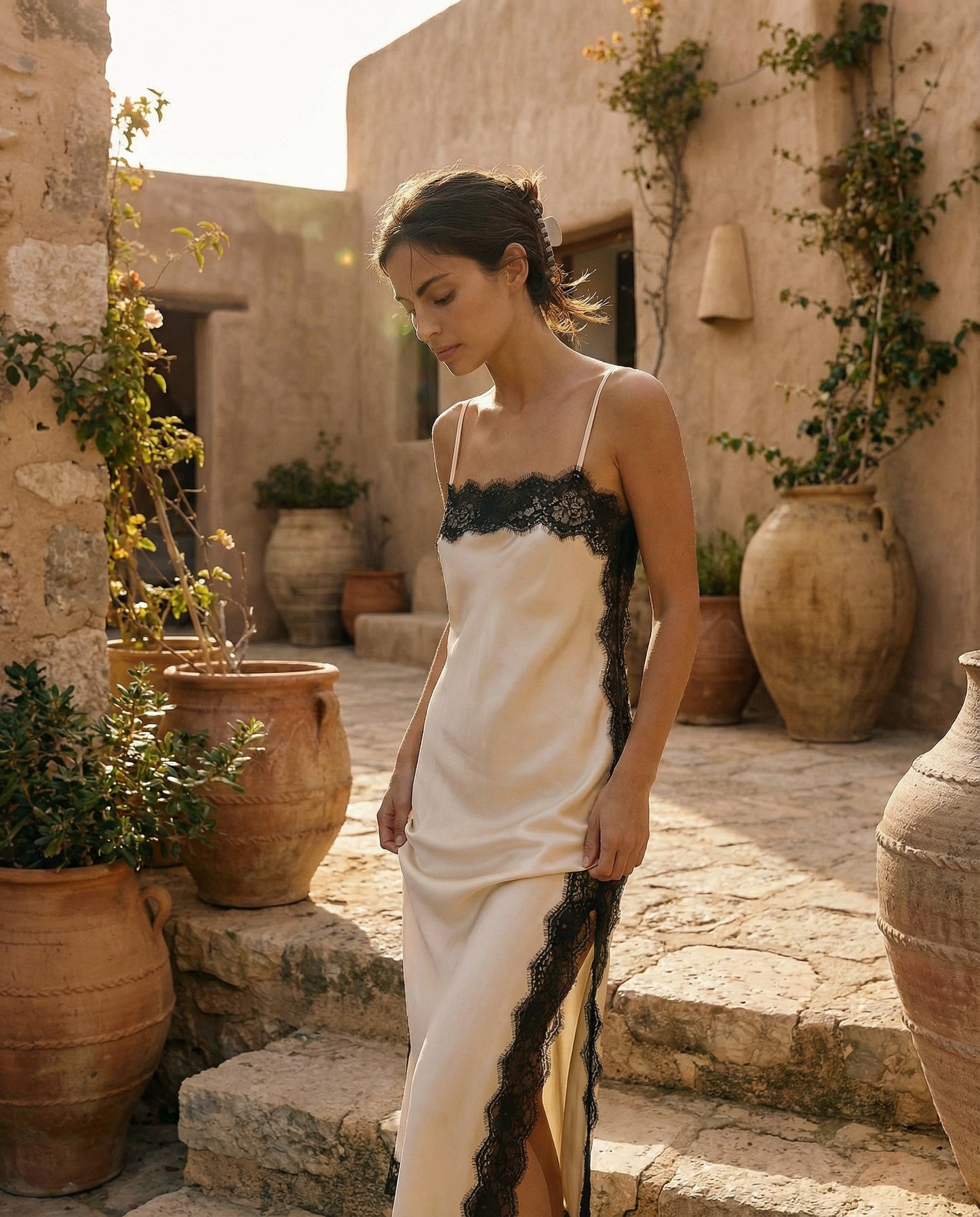 midnight satin lace dress