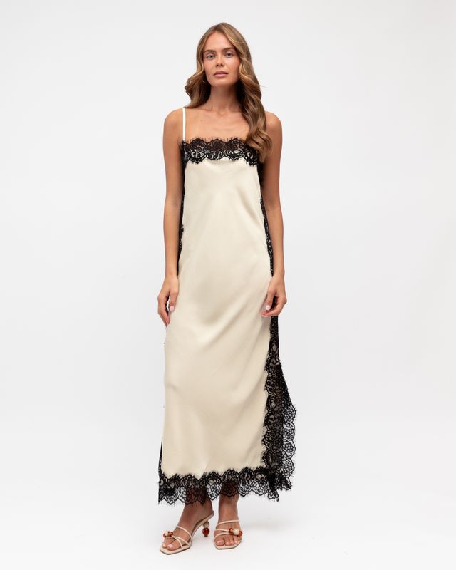 midnight satin lace dress