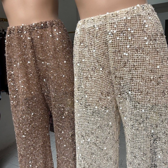 BROWN SEQUIN LACE PANTS