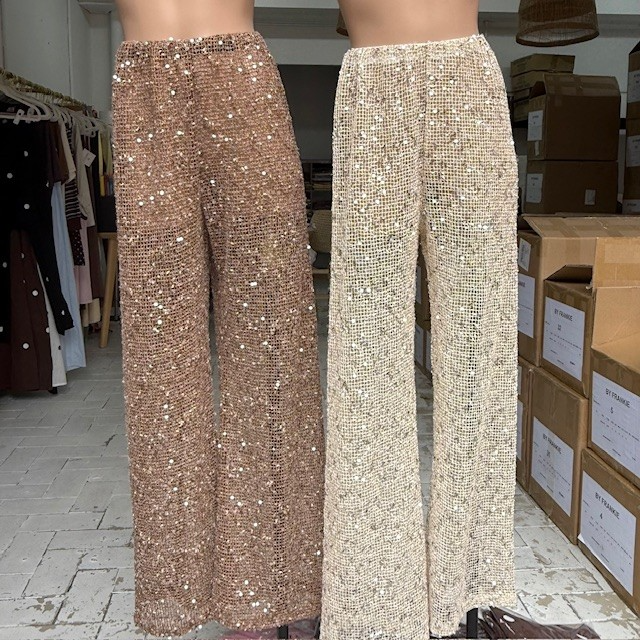 BROWN SEQUIN LACE PANTS