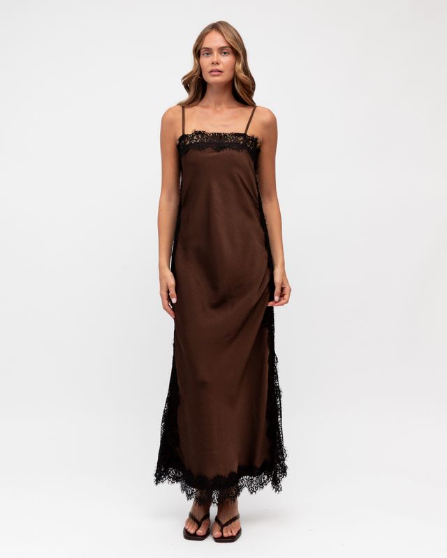midnight satin lace dress